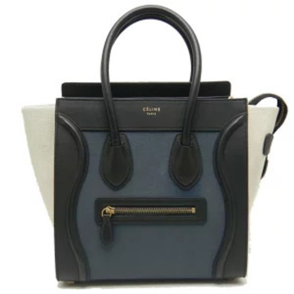 Celine Luggage Shoulder Bag Canvas Leather Black Navy Blue Natural - Picture 1 of 8